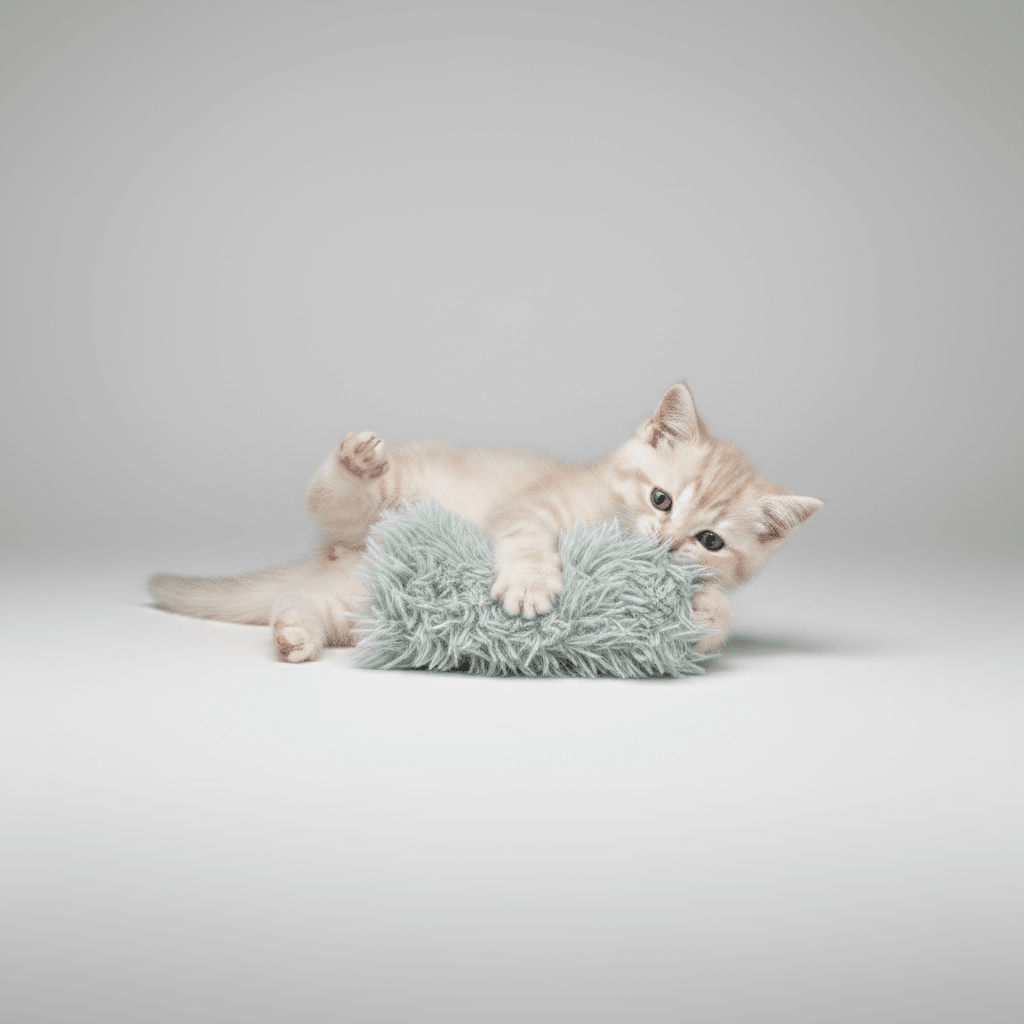 Plush cat kicker toy in light gray fuzzy texture while a cat plays.