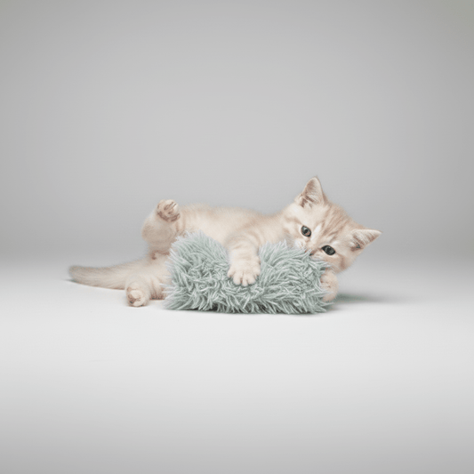 Plush cat kicker toy in light gray fuzzy texture while a cat plays.