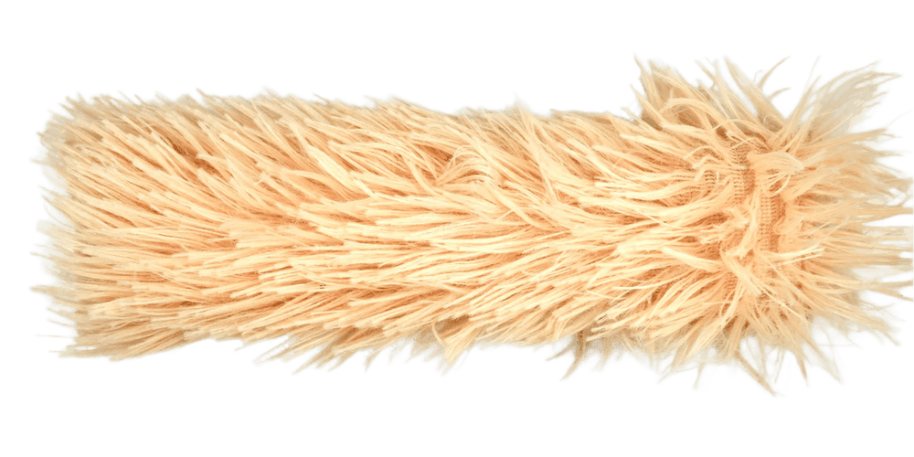 Plush cat kicker toy with crinkle, orange fuzzy wand-shaped design.