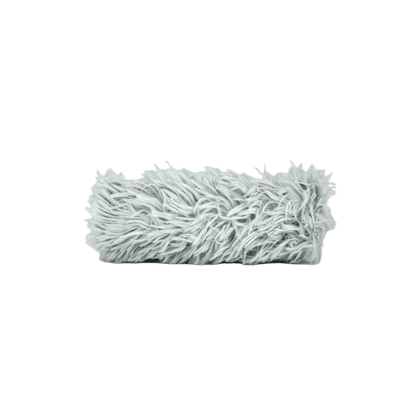 Light gray plush cat kicker toy with fluffy shag texture, wand shape.