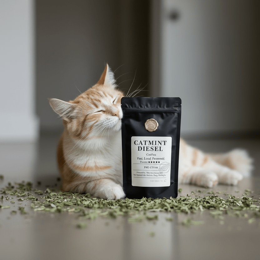 Catmint Diesel catnip pouch beside orange cat with dried catnip sprigs
