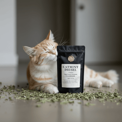 Catmint Diesel catnip pouch beside orange cat with dried catnip sprigs