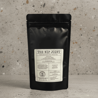 Catnip pouch, black bag with white “THE NIP JOINT” label