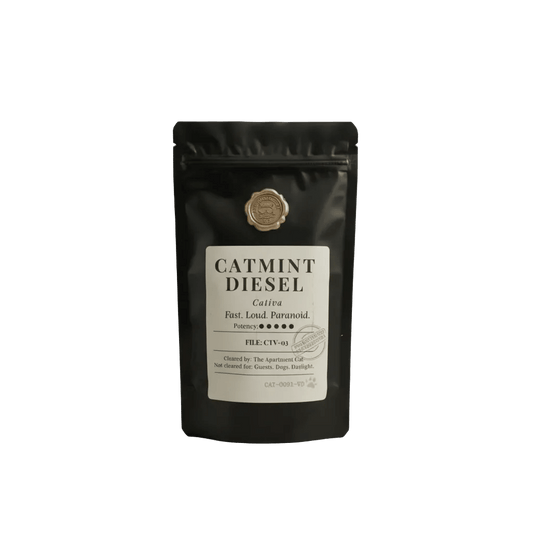 Catmint Diesel catnip pouch, black standing bag with front label