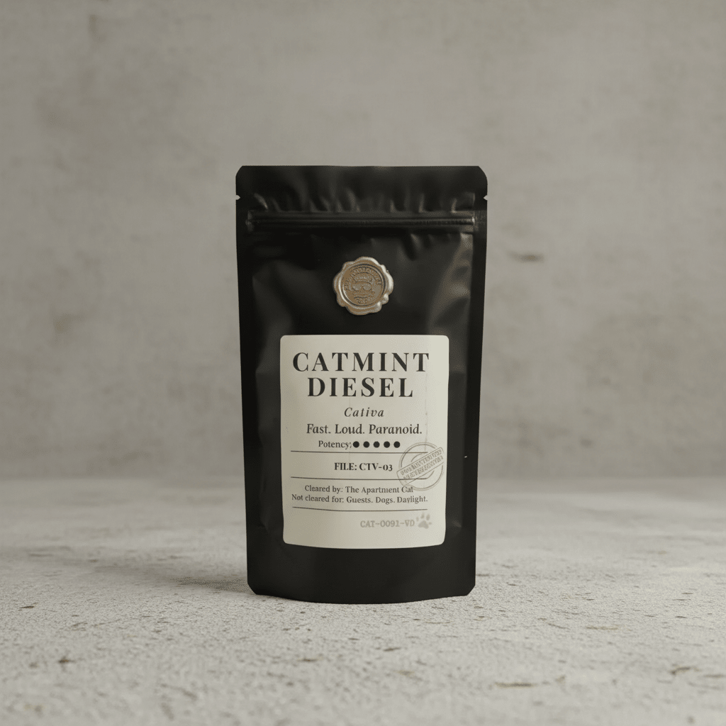 Catmint Diesel catnip pouch, black bag with “CATMINT DIESEL” label