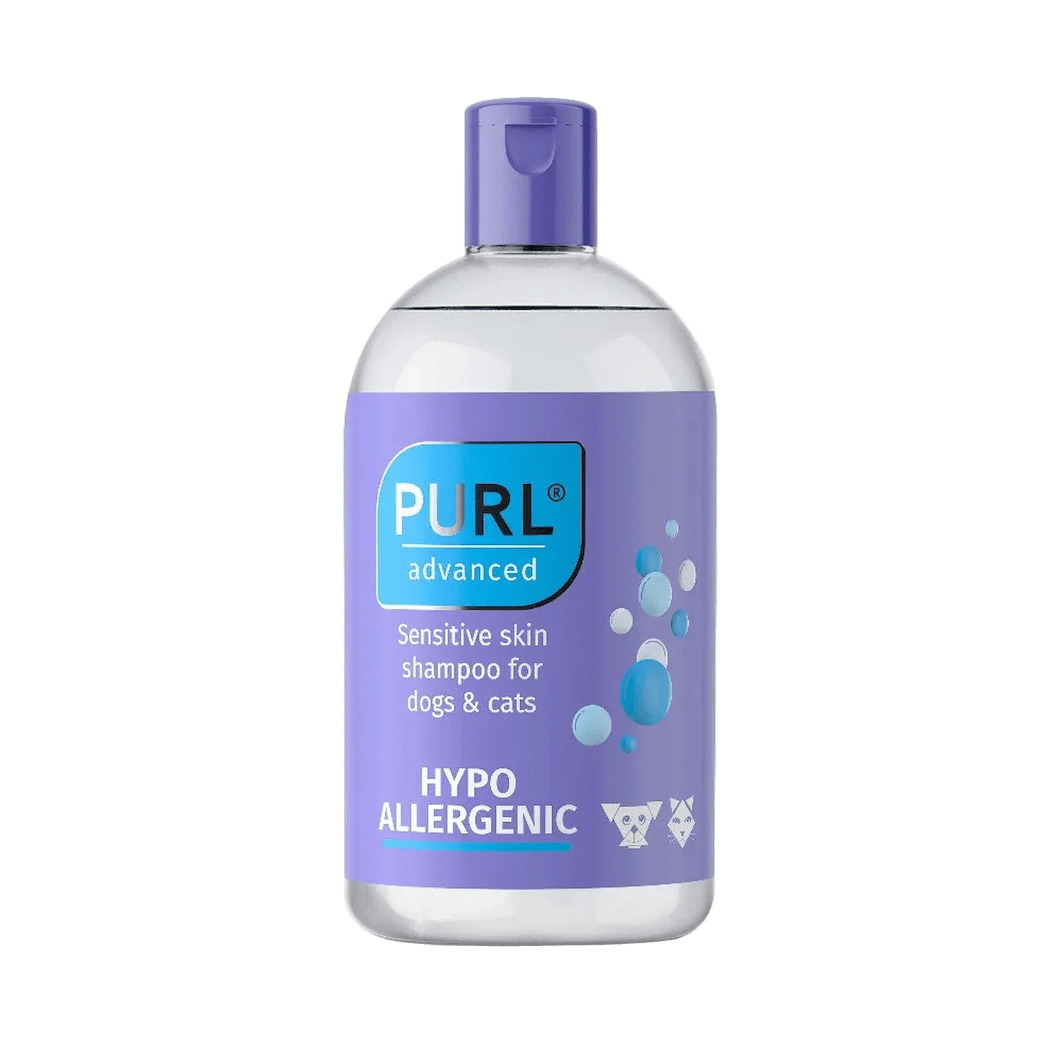 PURL advanced hypoallergenic shampoo bottle with purple cap and blue label