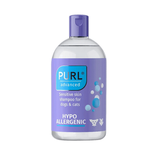 PURL advanced hypoallergenic shampoo bottle with purple cap and blue label