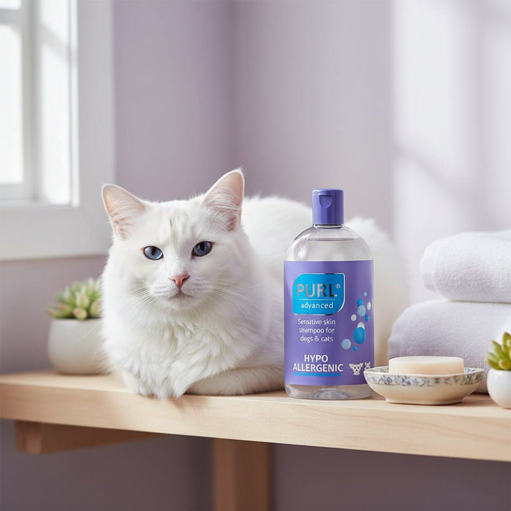 Hypoallergenic pet shampoo bottle with purple cap and blue label