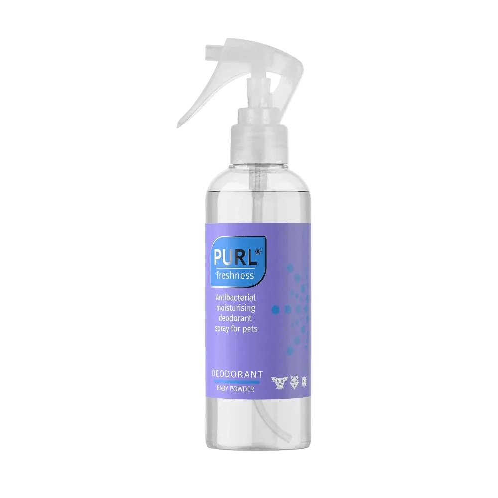 Deodorant spray for pets, clear pump bottle, PURL Freshness with baby powder label