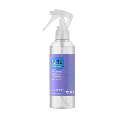 Deodorant spray for pets, clear pump bottle, PURL Freshness with baby powder label