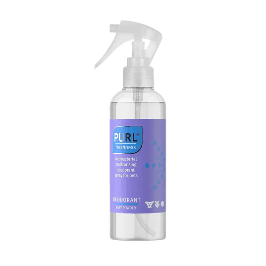 Deodorant spray for pets, clear pump bottle, PURL Freshness with baby powder label