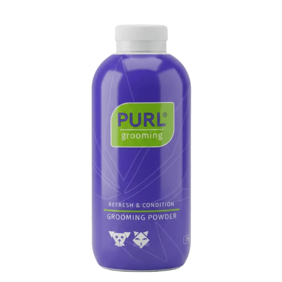 PURL grooming powder bottle front view, purple bottle with green label and white cap