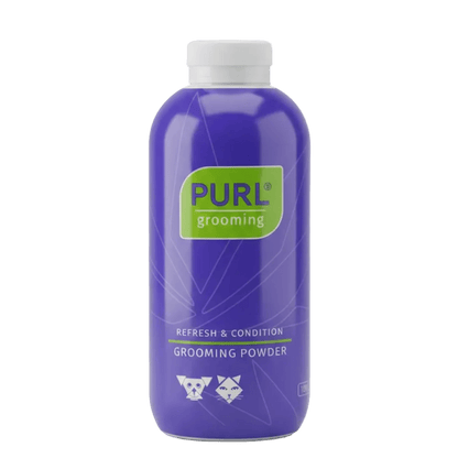 PURL grooming powder bottle front view, purple bottle with green label and white cap