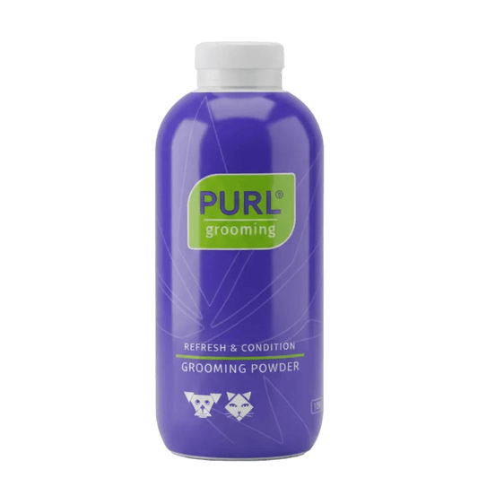 PURL grooming powder bottle front view, purple bottle with green label and white cap