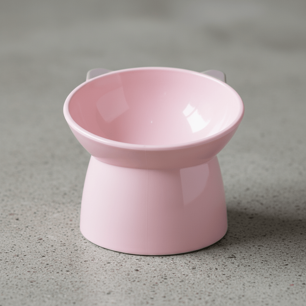 Raised cat feeding bowl in light pink with wide shallow dish