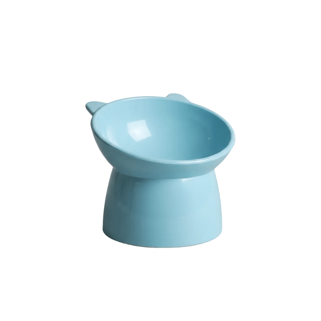 Raised cat feeding bowl in light blue with rounded dish and base