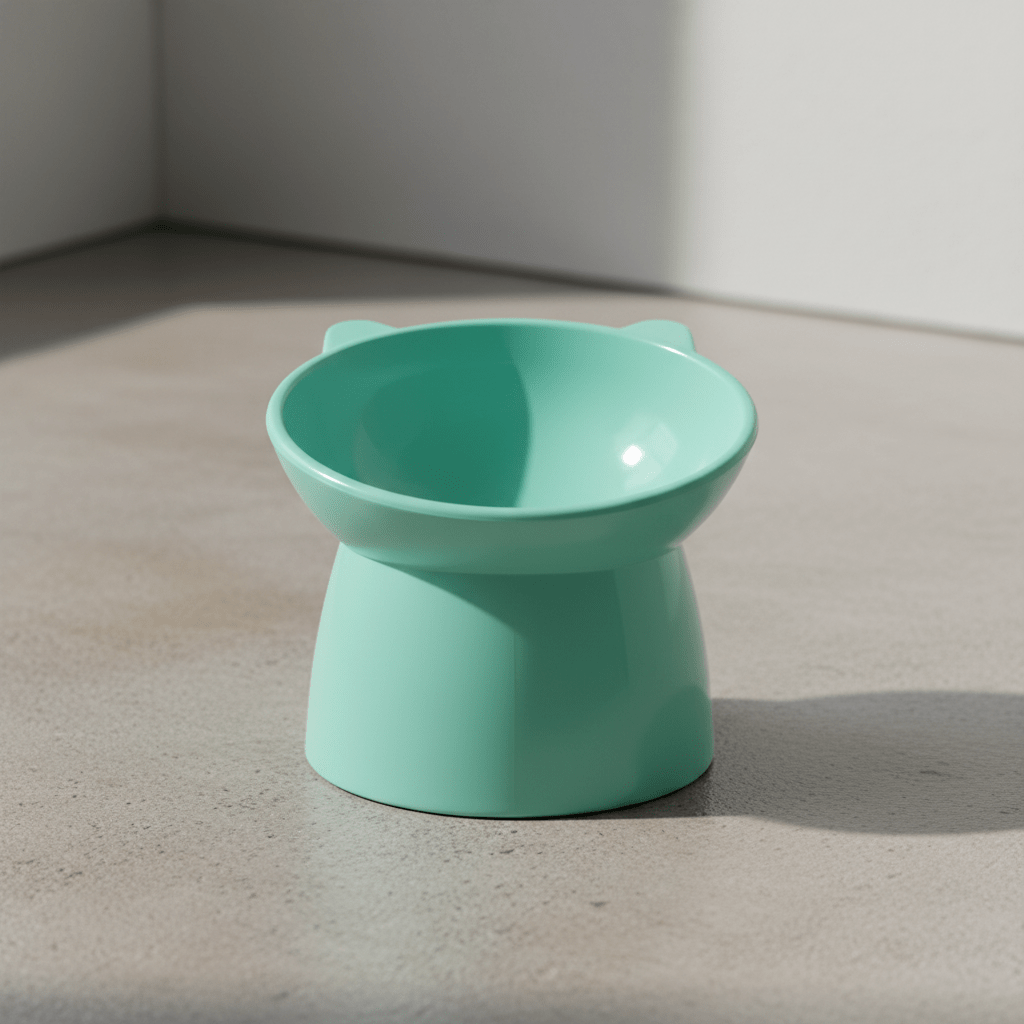 Raised cat feeding bowl in mint green with wide shallow top