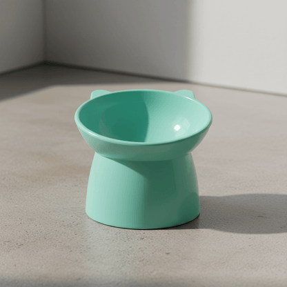 Raised cat feeding bowl in mint green with wide shallow top