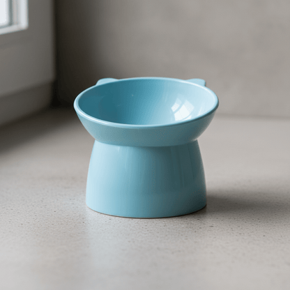 Raised cat feeding bowl in light blue, wide shallow dish on raised base