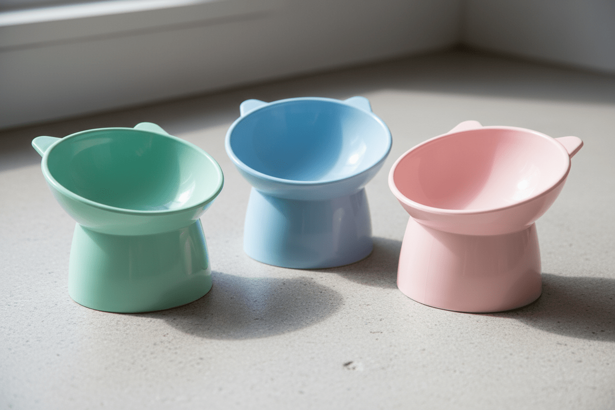 Set of raised cat feeding bowls: green, blue, and pink with wide dishes
