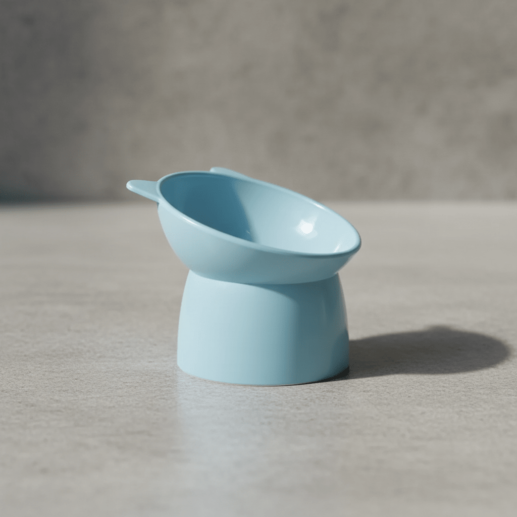 Raised cat feeding bowl in light blue, side view of wide dish
