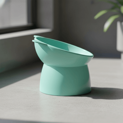 Raised cat feeding bowl in teal, rounded base and wide shallow dish
