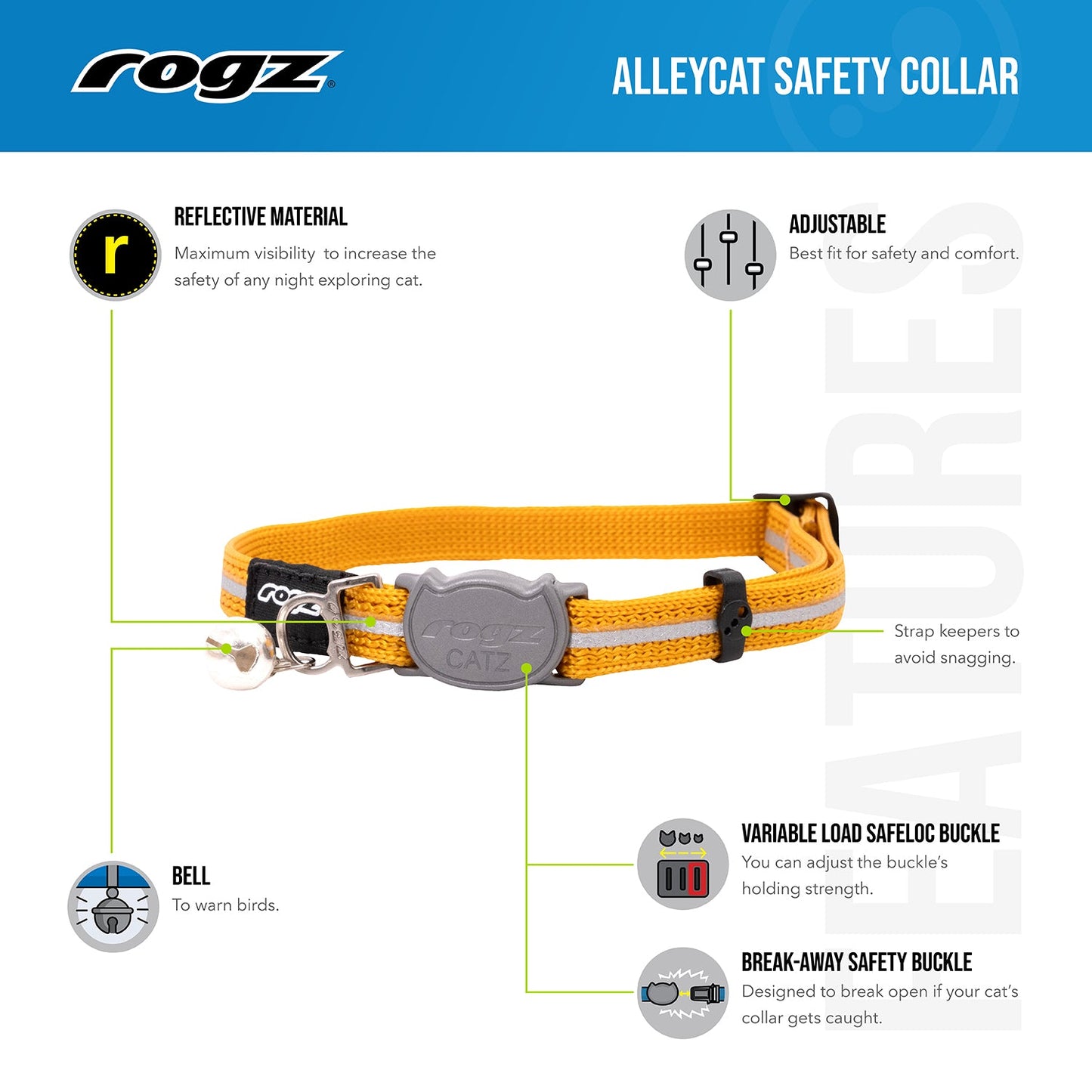 Reflective breakaway cat collar with bell, orange webbing and adjustable buckle