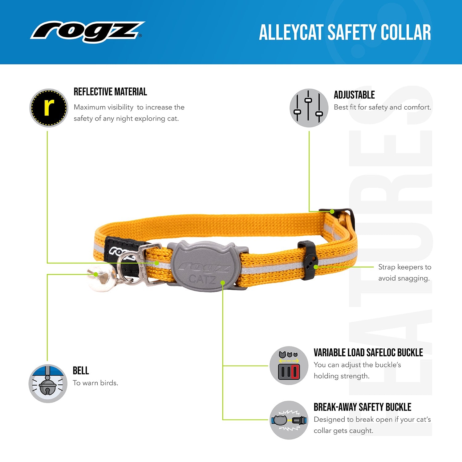 Reflective breakaway cat collar with bell, orange webbing and adjustable buckle