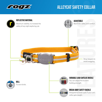 Reflective breakaway cat collar with bell, orange webbing and adjustable buckle
