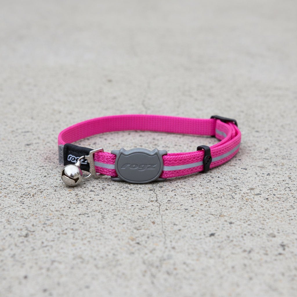 Pink reflective breakaway cat collar with bell and safety buckle