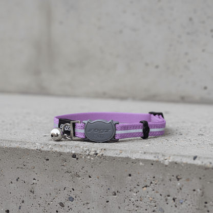 Lilac reflective breakaway cat collar with engraved logo and bell tag