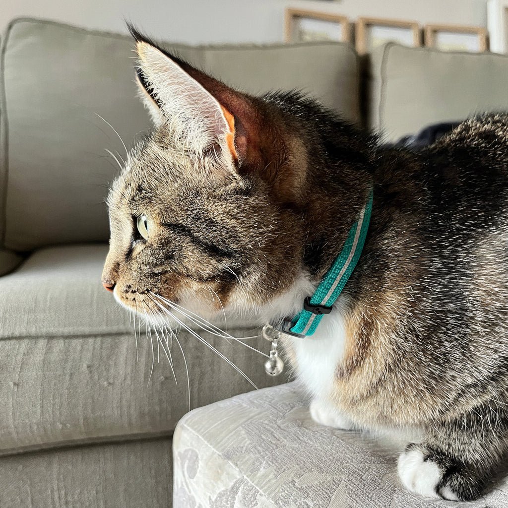 Green-teal breakaway cat collar with bell on a gray tabby