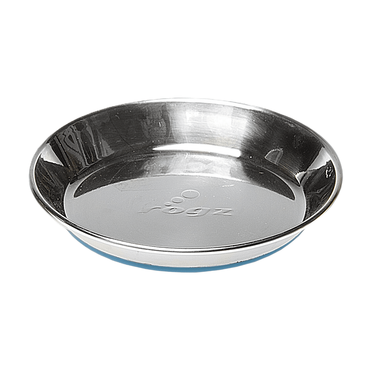 Stainless steel cat bowl with shallow dish and embossed logo on the base