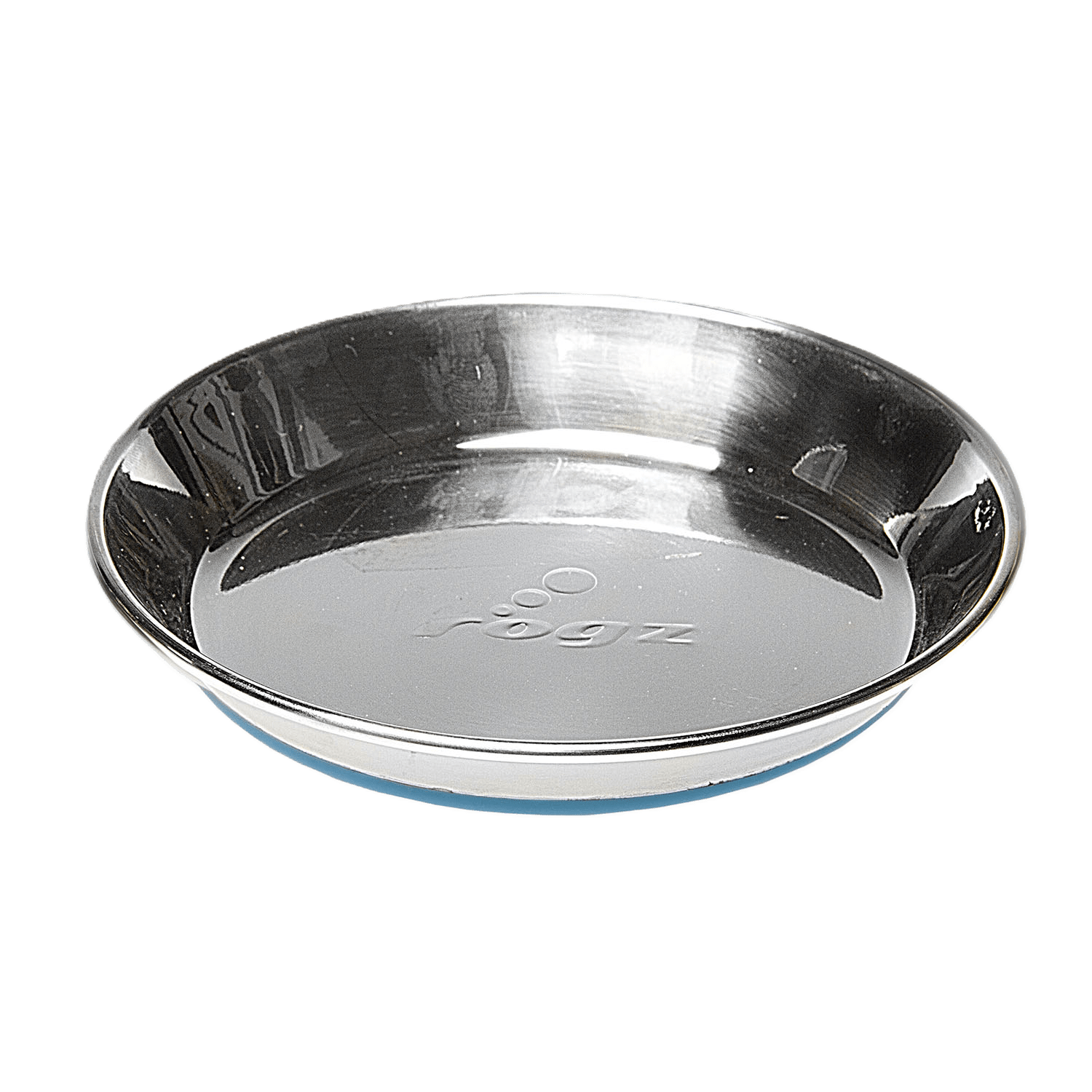 Stainless steel cat bowl with shallow dish and embossed logo on the base