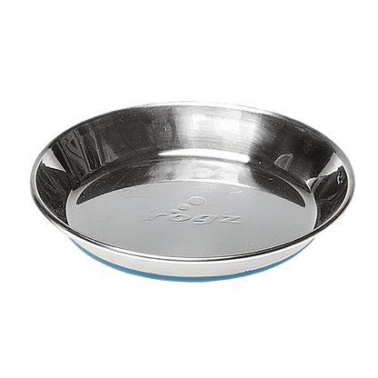 Stainless steel cat bowl with shallow dish and embossed logo on the base