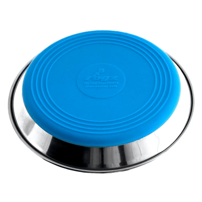 Stainless steel cat bowl with bright blue silicone anti-slip insert