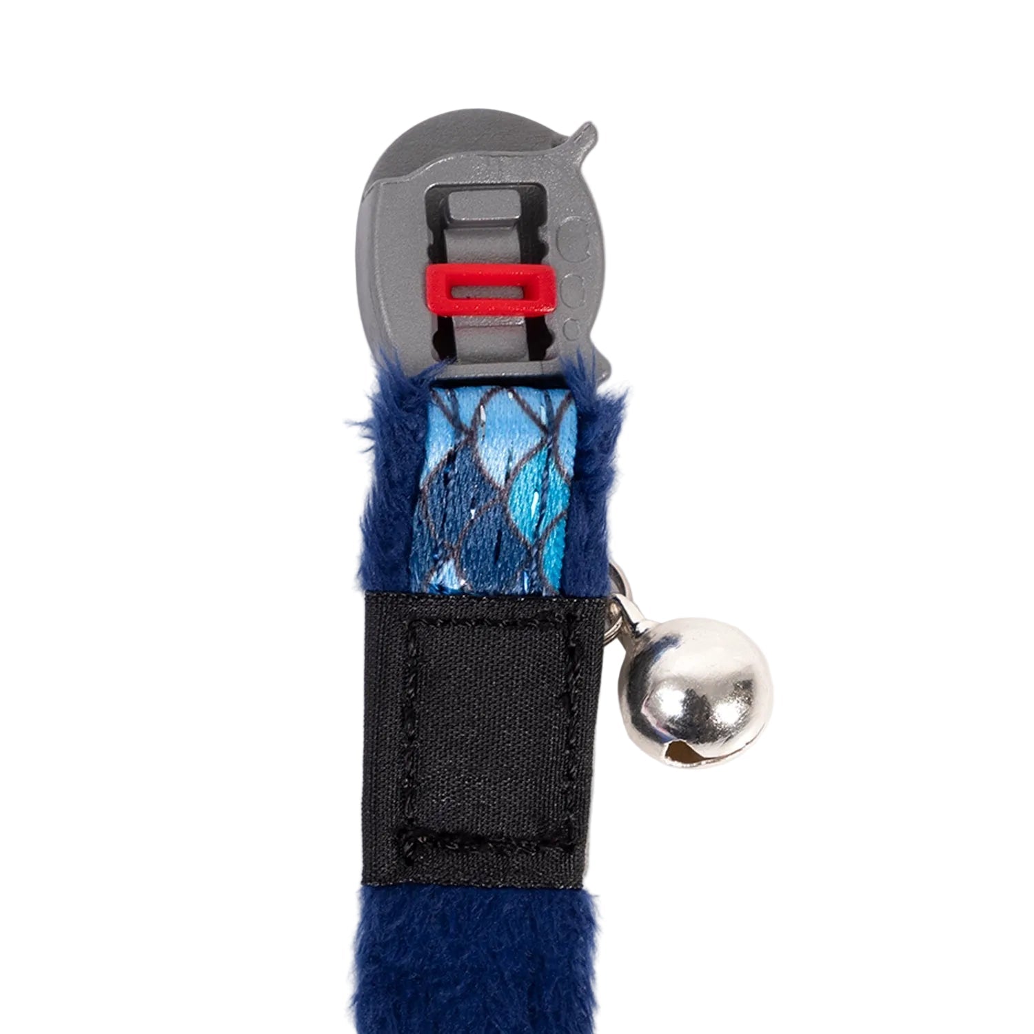Blue cat safety collar end showing safety buckle and small round bell.