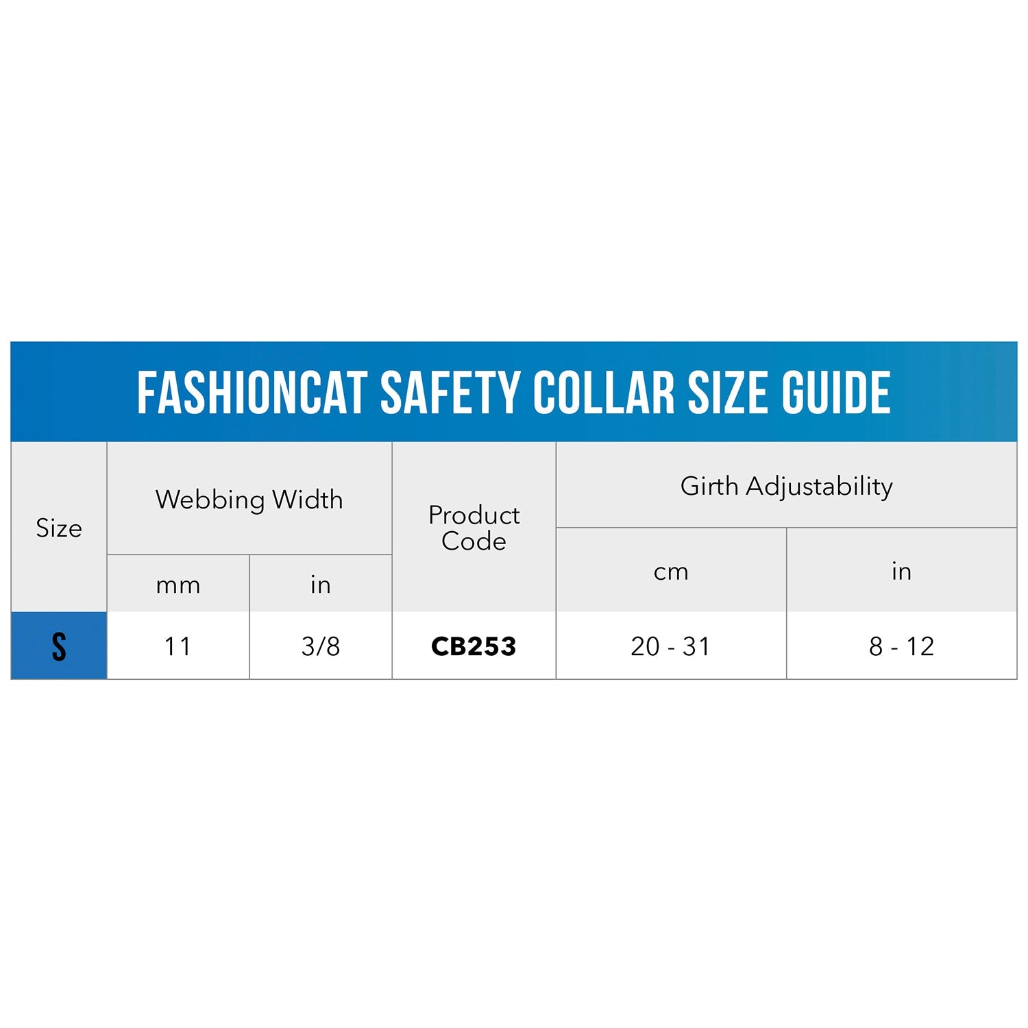 FashionCat safety collar size guide chart: webbing width and girth adjustability.