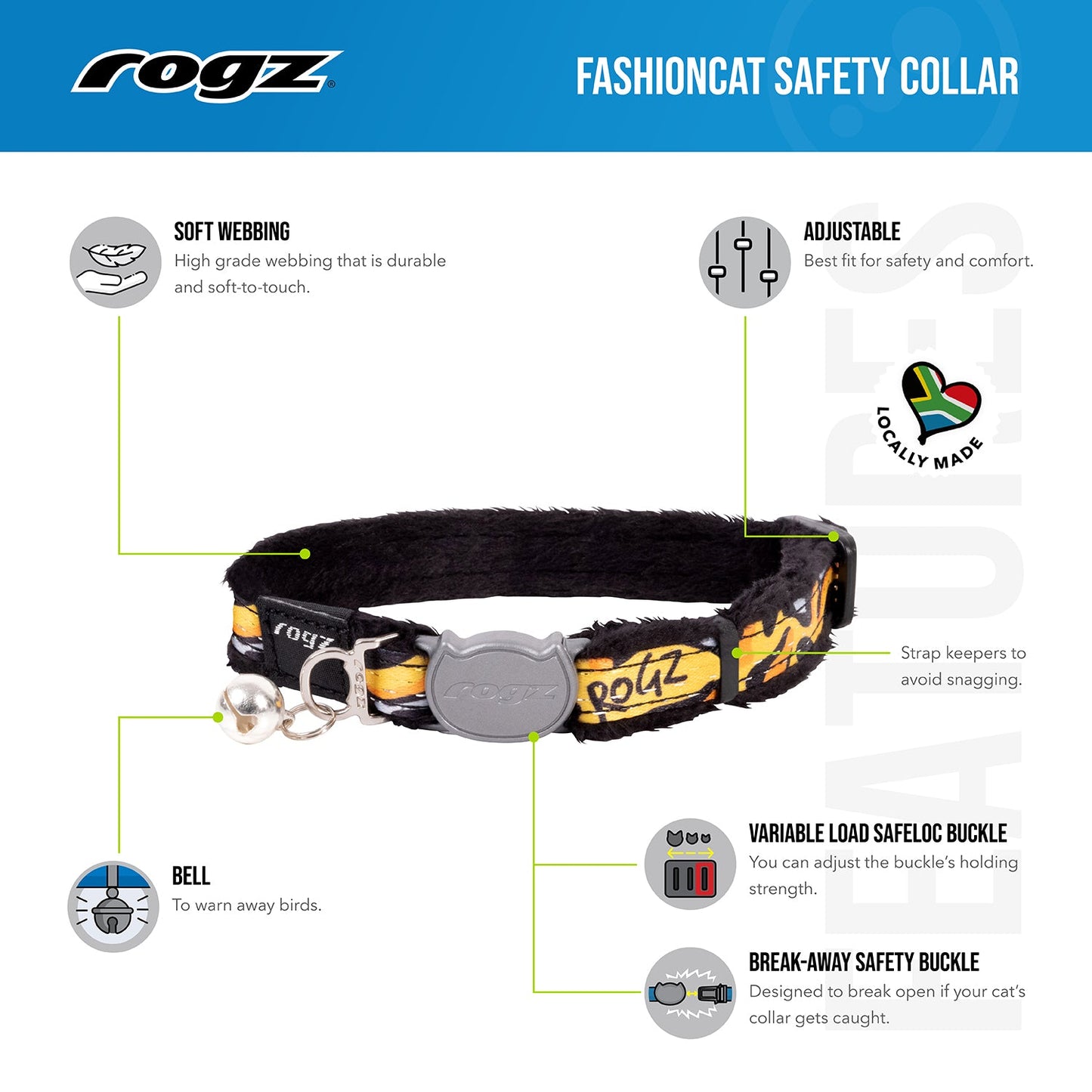 Rogz FashionCat safety collar features diagram: adjustable fit, bell, and safety buckles.