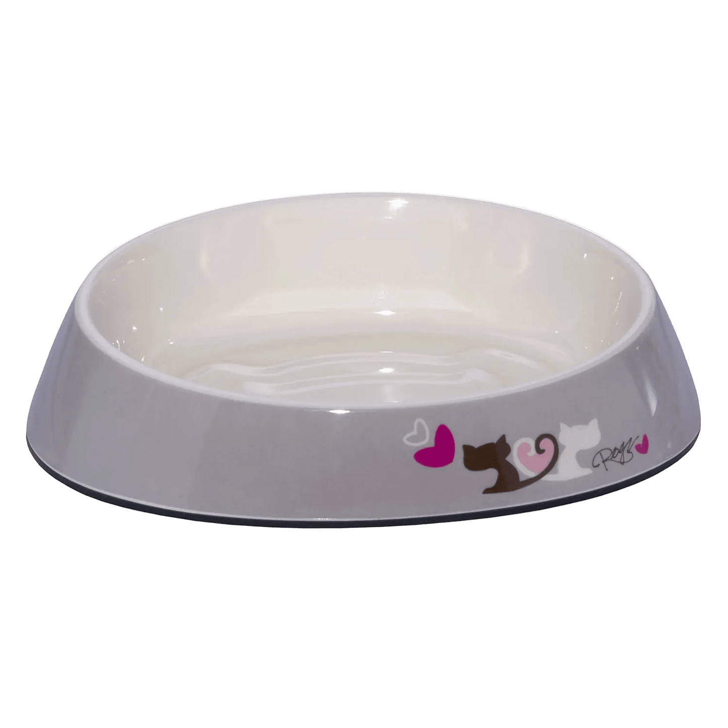Grey melamine cat bowl with white interior and pink cat/heart graphic