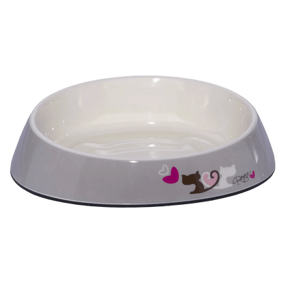 Grey melamine cat bowl with white interior and pink cat/heart graphic