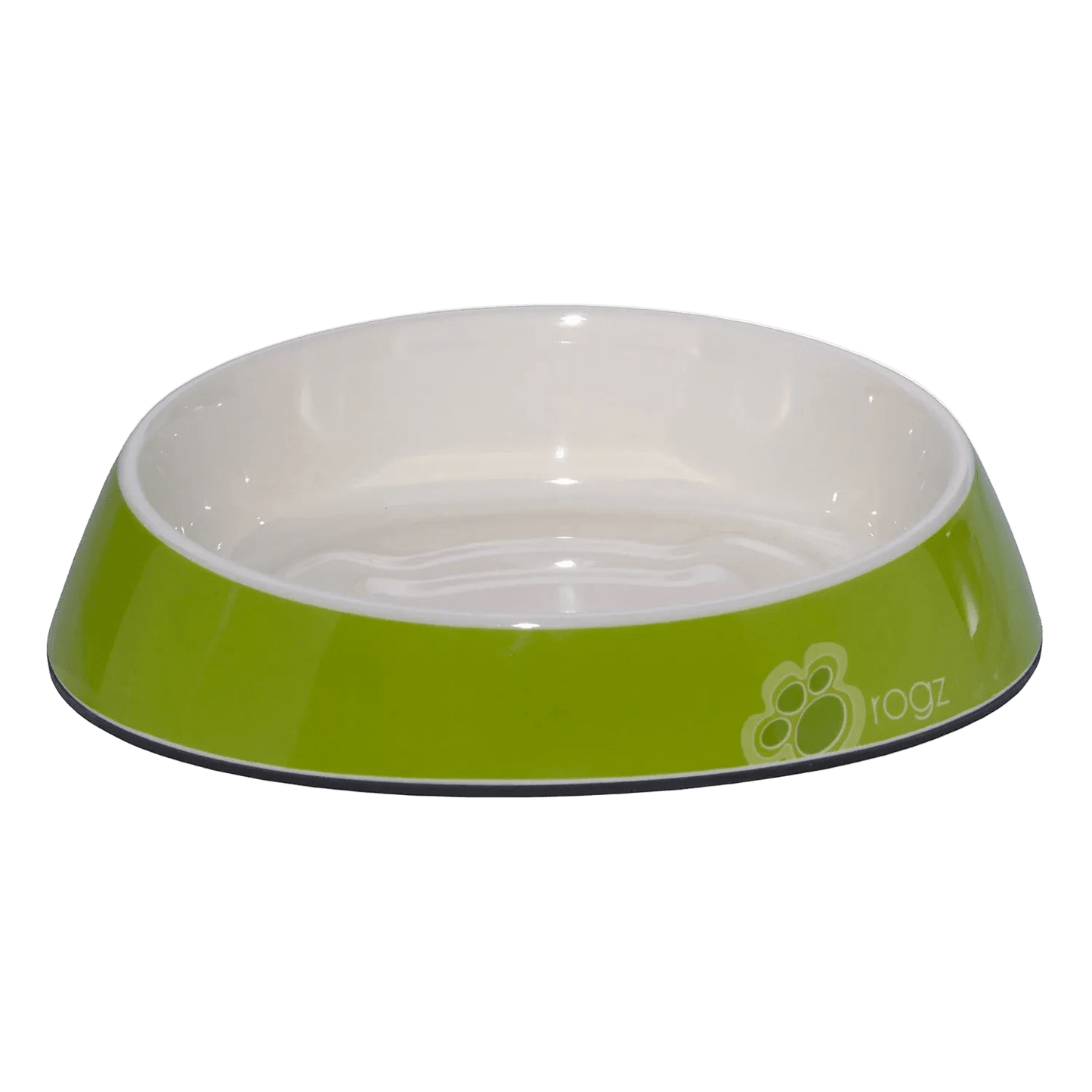 Lime green melamine cat bowl with white interior and paw logo detail