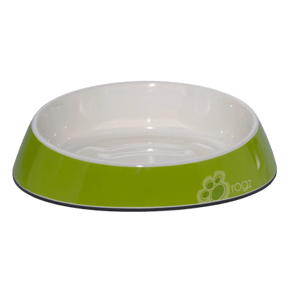 Lime green melamine cat bowl with white interior and paw logo detail