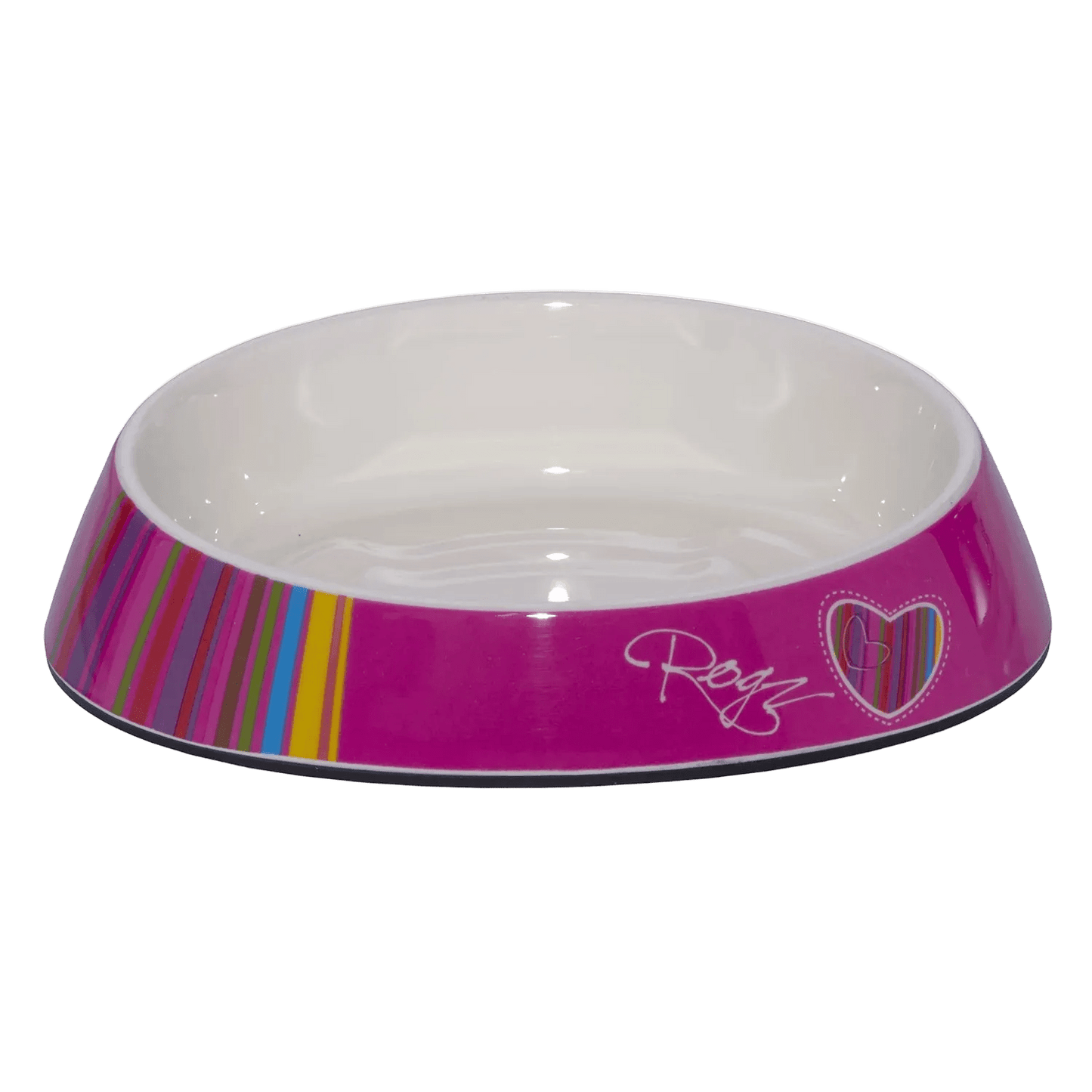 Pink and purple striped melamine cat bowl with white interior and signature graphic