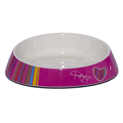 Pink and purple striped melamine cat bowl with white interior and signature graphic
