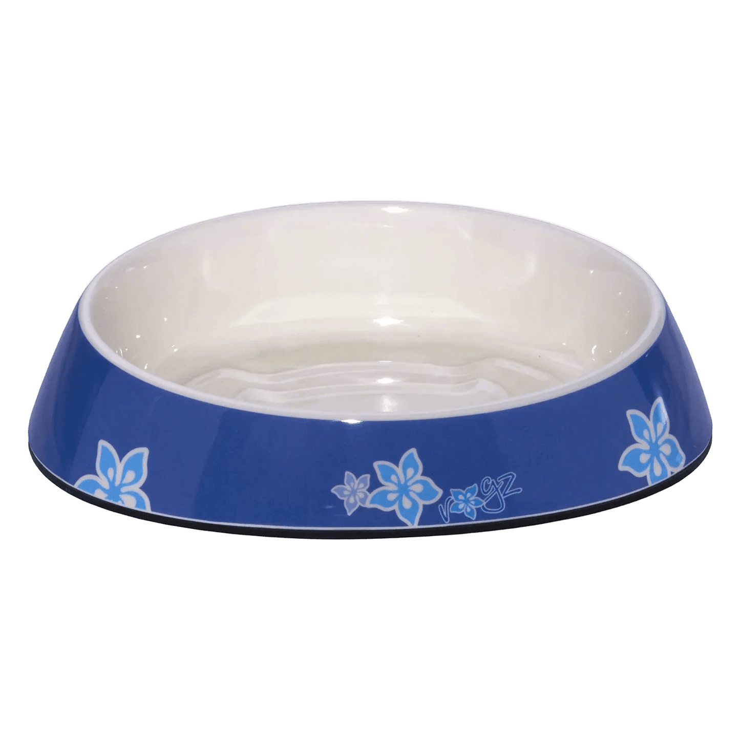 Blue melamine cat bowl with white interior and light-blue floral design