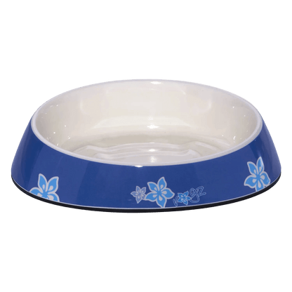 Blue melamine cat bowl with white interior and light-blue floral design