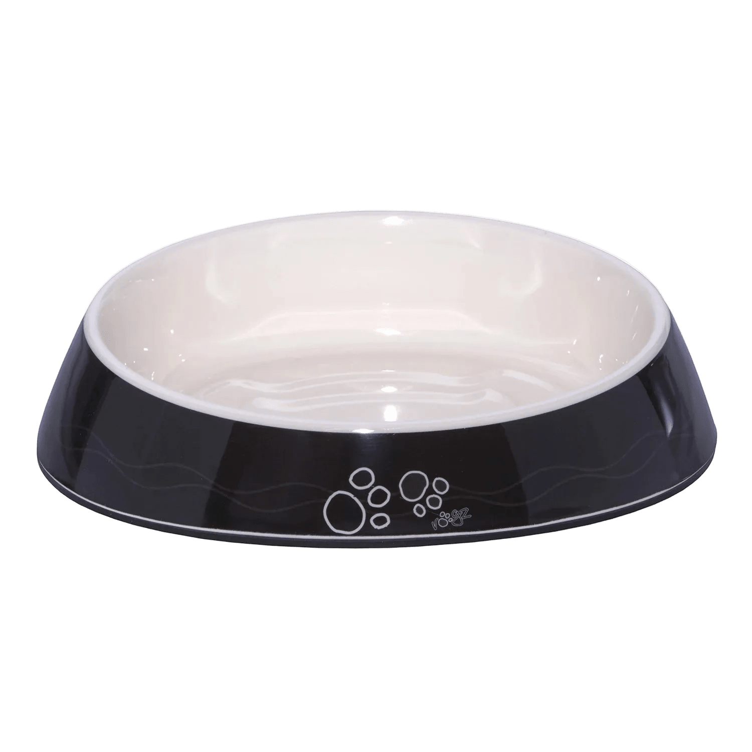 Black melamine cat bowl with white interior and paw-print design