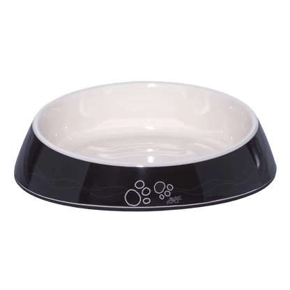 Black melamine cat bowl with white interior and paw-print design