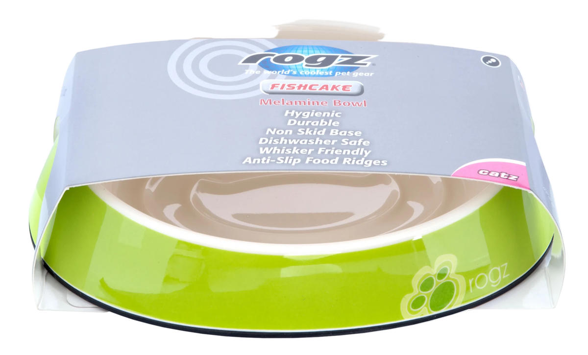 Rogz Fishcake melamine bowl box with lime green design and bowl front view
